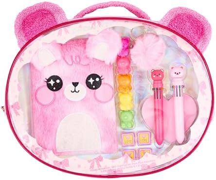 VOTUM Fuzzy Bear Stationery Gift Set for Kids – Plush Notebook, Stackable Highlighters, Click Pens, Sticky Notes & Erasers – Cute Pink Writing Supplies Case