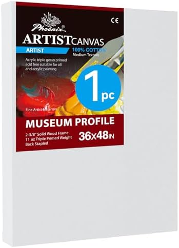 PHOENIX 36x48 Inch Museum Canvas - 2 3/8 Inch Thick Porfile Deep Large Stretched Canvas for Painting 1 Pack 100% Cotton 11 Oz. Gesso Primed White Blank Professional Canvas Oil & Acrylic Paints