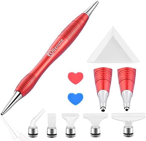 Benote Ergonomic Diamond Art Painting Pen, Metal Diamond Drill Pen Tools 5D Diamond Accessories Painting with Multi Replacement Pen Heads and Wax for DP Cross Stitch - Red