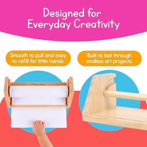 Wooden Kids Paper Roll Dispenser with 12" x 75 ft Art Paper Roll – Tabletop Easel for Drawing, Painting & Crafts – Smooth Easy-Pull Holder for Creative Play – 7 Days of Play