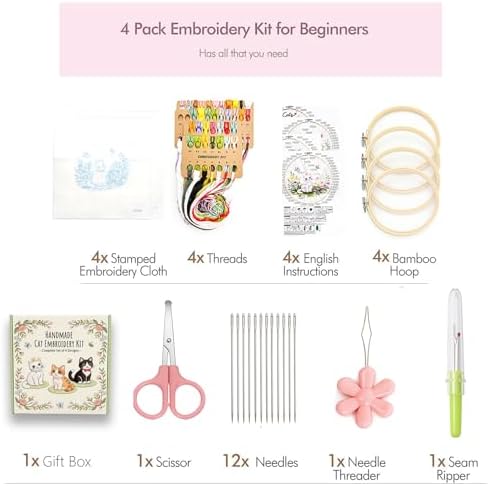 Peonfly Cat Embroidery Kit for Beginners, 4 Pack Stamped Embroidery Starter Kit with 4 Hoops, 9 Stitch Types Practice Sampler, Animal Floral Wall Hanging Decor, Mothers Day Birthday Gift (Box 4pcs)