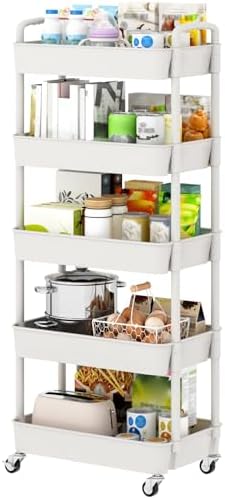 Sywhitta 5-Tier Plastic Rolling Utility Cart with Wheels for Storage,White