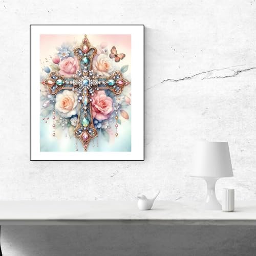 MBNTJHT DIY Cross Paint by Numbers Kit on Canvas for Adults,Easy Flowers Cross Paint by Number Kits for Beginners,Digital Oil Painting Kits for Home Wall Decor 16X20 Inch.