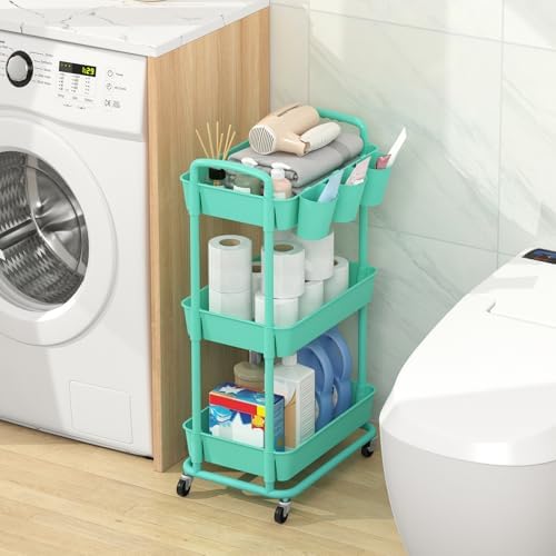 JIUYOTREE 3-Tier Plastic Rolling Storage Cart Utility Cart Green