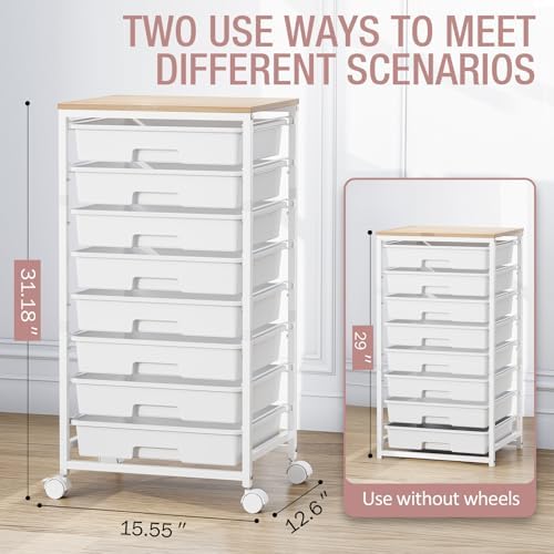 TOOLF Rolling Storage Cart with 8 Drawers,White | Utility Cart on Wheels with Wooden Tabletop,Teacher Organization for Classroom, Art Cart for Office,Bedroom,Craft Room