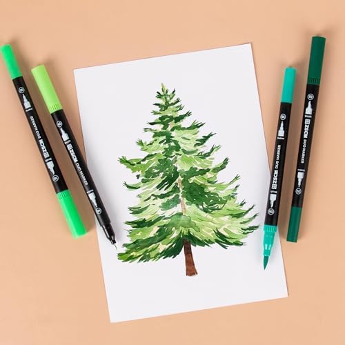 Green Duo Tip Marker Pens, 12 Fine & Brush Tip Pen For Adult Coloring Books