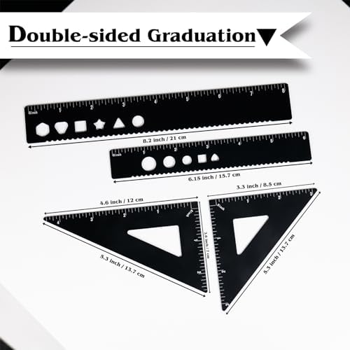5 Pcs Metal Geometry Set, Math Drafting Ruler Kit- Aluminum Triangle Rulers, Protractor, 8 Inch and 6 Inch Drawing Ruler, Measuring Tool for School and Office (Metric and Imperial, Black)