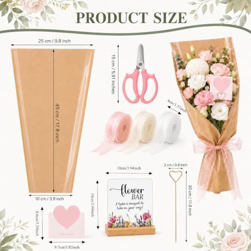 TOVEYI 50 Pcs DIY Flower Bar Kit for Events, Build Your Own Bouquet Bar Supplies with Floral Wrapping Paper, Card Holders, Cards, Chiffon Ribbons, Sign and Scissors for Wedding and Baby Shower