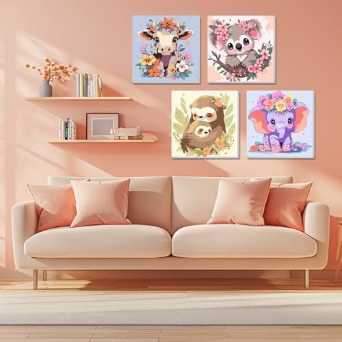 4 Pack Paint by Numbers Kit for Kids Paints by Number Kits Age 4-8 Painting Kits for Kids Ages 8-12 Girls Framed Canvas Paint by Number Animals Drawing Kit Color by Number for Beginners 8x8 Inch