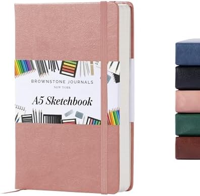 BROWNSTONE JOURNALS A5 Sketch Book Hardcover - 80 Sheets 100 GSM Paper | 5" x 8", Lay Flat, Vegan Leather Cover, Elastic Band, Back Pocket, Compact Art Drawing Book for Adults & Students