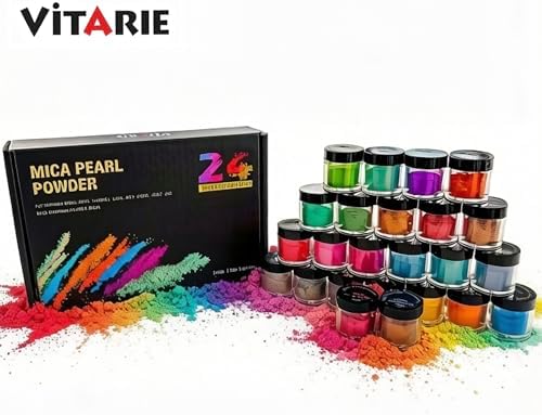 VITARIE Mica Powder for Lip Gloss, Skin, Nails, Soap Making, Bath Bombs, Epoxy Resin, Art Crafts, 24 Colors(0.11oz) Each, Neat Jar Set
