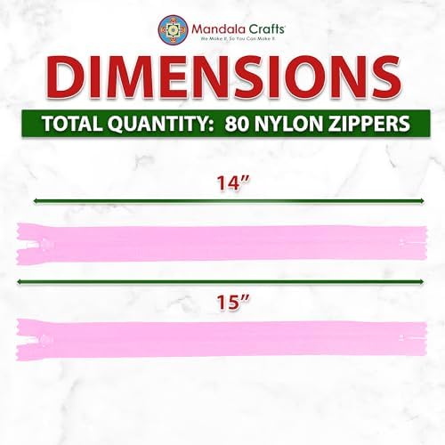 Mandala Crafts 80 PCs Pink Closed-End 14 Inches Nylon Zippers for Sewing