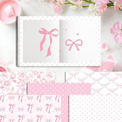 Preppy Pink Bow Scrapbook Paper Watercolor Flower Pattern Paper 12×12,24 Sheets Double-Sided CardStock Papers Pad for Junk Journal, Decoupage, Card Making, Scrapbooking, DIY Home Decor .
