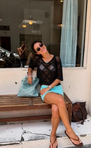 Womens Crochet Top Summer 3/4 Sleeve Cover Up V Neck Boho Tops