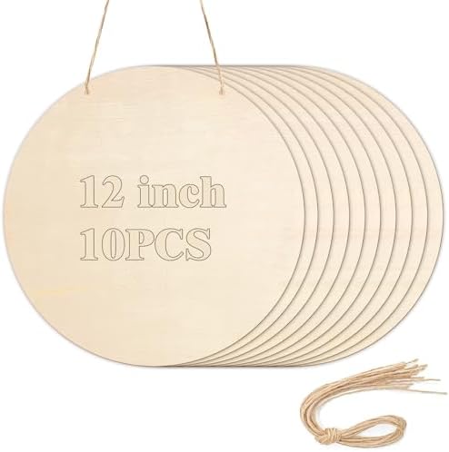 10Pcs Thicken Wood Circles for Crafts with Holes,12" Unfinished Wood Rounds | Wooden Round Circles with Twine,Woods Rounds Discs for Door Hanger,Blank Wooden Signs for Painting,Burning,Home Décor