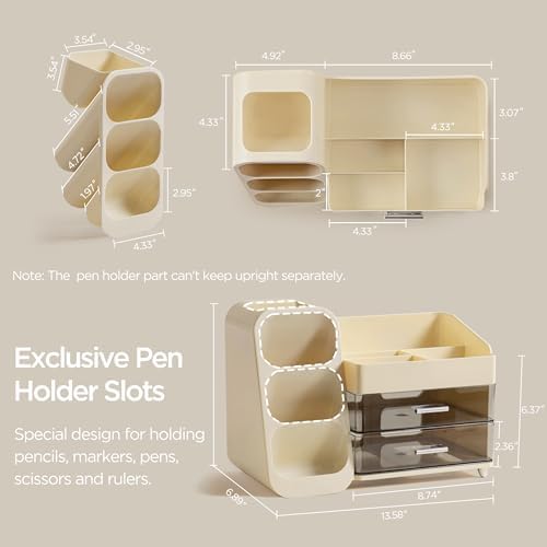 HBlife Desk Organizer with Pen Pencil Holder for Desk, Pen Organizer with 2 Drawers, Desk Organizers and Accessories with 4 Compartments, Desktop Storage for Office Home School Art Supplies, Beige