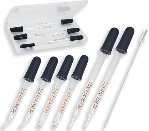 6 Pack Glass Pipette Dropper with Brush - Bent & Straight Tips, 1 ml Eye Droppers for Essential Oils, Lab, Crafts, Measuring and Transferring Liquids