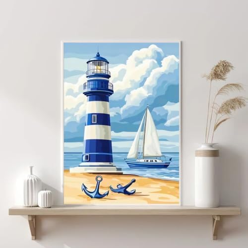 VeGuude Diamond Art Kits for Adults, Beach and Lighthouse 5D Diamond Art Kits for Beginner DIY Full Drill Diamond Dots Crystal Craft Kits for Home Wall Decor Gifts, (12x16 inch)