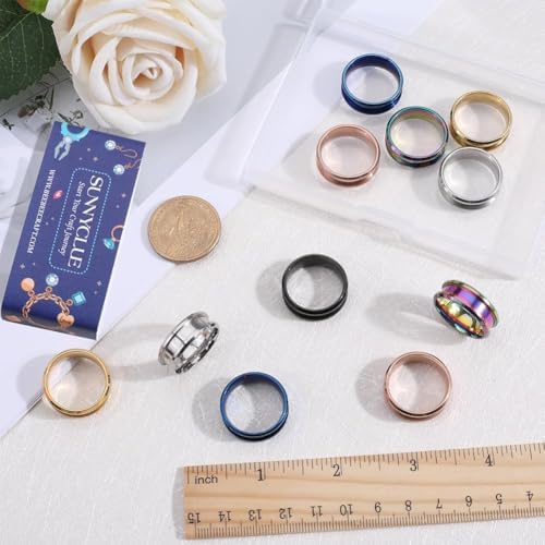SUNNYCLUE 1 Box 12Pcs Inlay Ring Blanks Stainless Steel Finger Rings Blank Size 9 Blue Black Golden Grooved Ring Core Blanks Laser Inscription Plain Band Rings for Men Women Jewelry Making Supplies