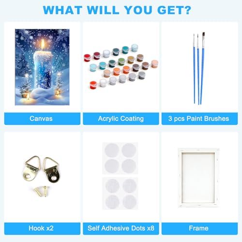 SENQAO Christmas Paint by Numbers for Adults Framed, Christmas Candles Adults' Paint-by-Number Kits, Adult Paint by Number Kits on Canvas, Acrylic Number Painting for Home Decor, 8x12inch