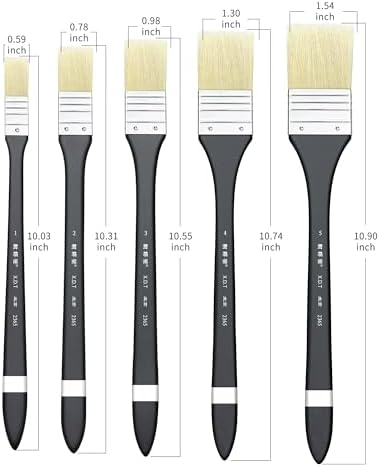 XDT#2365 Hake Artist Paint Brush 5 Piece Set, Hog Bristle Paint Brushes for Acrylic Painting, Flat Brushes with Black Handle for Art, Craft, Oil & Watercolor, 5 Assorted Sizes (0.59" to 1.54")