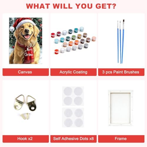 SENQAO Christmas Paint by Numbers for Adults Framed, Golden Retriever Adults' Paint-by-Number Kits, Adult Paint by Number Kits on Canvas, Acrylic Number Painting for Home Decor, 8x12in