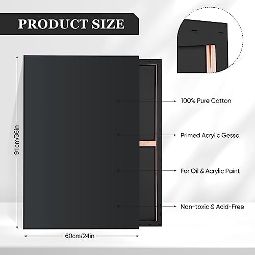 Ctosree 2 Pack Stretched Canvas for Painting, Large Black Cotton Art Large Triple Primed Profile Blank Canvases for Watercolor Acrylics Oil Painting(24 x 36 Inch)