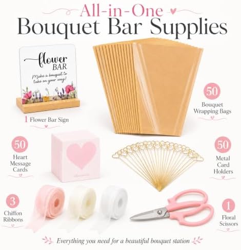TOVEYI 50 Pcs DIY Flower Bar Kit for Events, Build Your Own Bouquet Bar Supplies with Floral Wrapping Paper, Card Holders, Cards, Chiffon Ribbons, Sign and Scissors for Wedding and Baby Shower