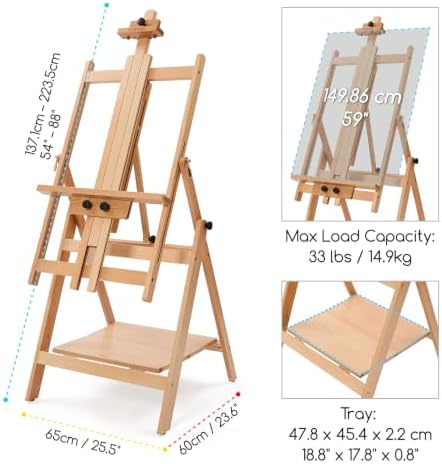 MEEDEN Large Studio Artist Easel: Heavy Duty H-Frame Easel for Painting | Wooden Artists Easel - Convertible Easel - Collapsible Floor Art Easel Stand for Adult, Craft, Office & Studio Natural