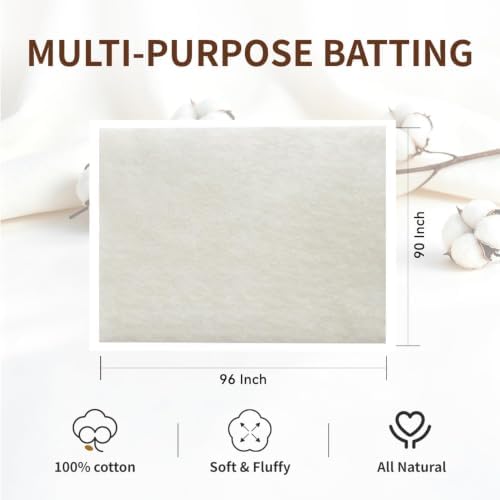 TQNSIE 100% Natural Cotton Batting for Quilting 90-Inch x 96-Inch | 200GSM Lightweight Batting Fabric,All Season Quilt Batting Queen Size, Craft and Wearable Arts