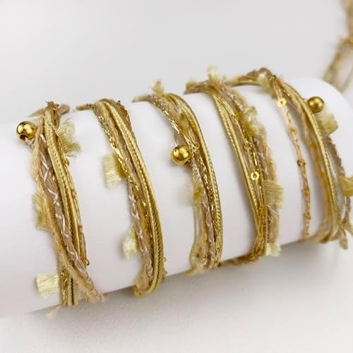 Artisanal Yarn Collection Multifiber Multicolored Fancy Yarn with Golden Beads for Knitting Crocheting Crafts DIY, Set of 3 Rolls (Golden Beads)