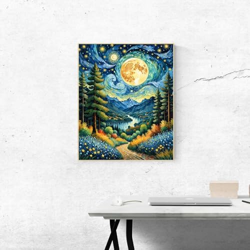 ldazao Moon Framed Paint by Numbers Kit for Adults Beginner Forest Adult Paint by Number Artist Kits with Frame for Gift Home Wall Decor 9.5x12 Inch