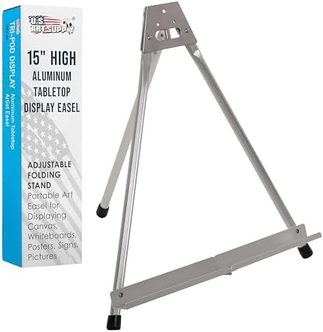 U.S. Art Supply 15-Inch Aluminum Tabletop Display Easel for Painting | Adjustable Folding Stand, Portable Art Easel for Displaying Canvas, Whiteboards, Posters, Signs, Pictures, Paintings