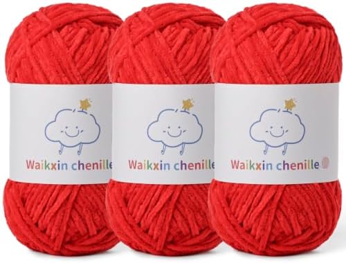 Skinny Chenille Yarn for Crocheting, 3 Pack of 1.75 oz/109 yds Amigurumi Yarn&Baby Yarn for Crocheting Soft, Fluffy Fingering Weight Velvet Yarn for DIY Crafts&Baby Blankets.(3 Red)