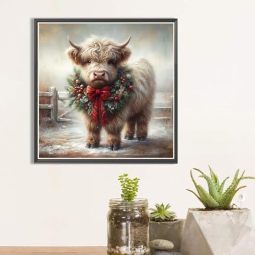 Christmas Diamond Art Kits for Adults, Christmas Highland Cow Diamond Painting Kits for Adults Beginners, 5D DIY Full Drill Round Rhinestone Gem Art Crafts Paintings for Home Wall Decor 12x12 inch