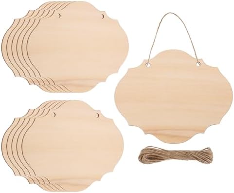 MECCANIXITY Unfinished Hanging Wood Sign Blank with Ropes 6"x5" Unfinished Wood Crafts Boards Wooden Plaques for Crafts DIY Painting Burning Carving Door Wall Decoration, Style 4, Pack of 12