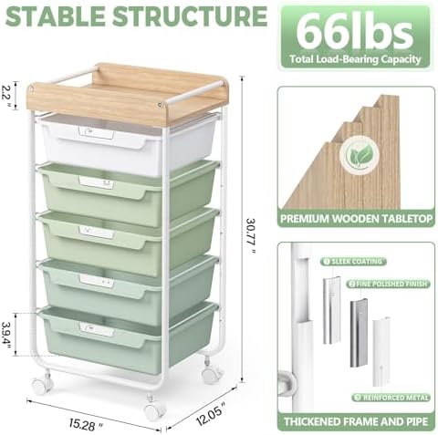 SYKIARIOL Rolling Storage Utility Cart with 5 Drawers,Green