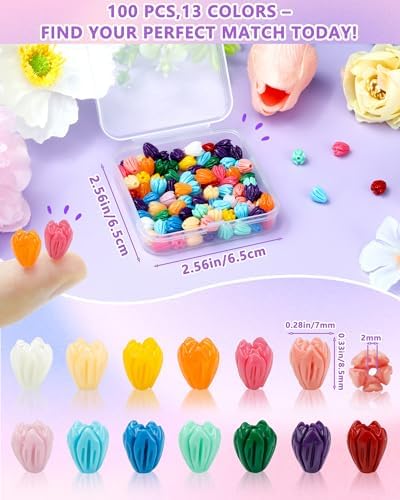 FIVEIZERO Flower Charms, 100PCS Resin Flower Beads, 13 Colors