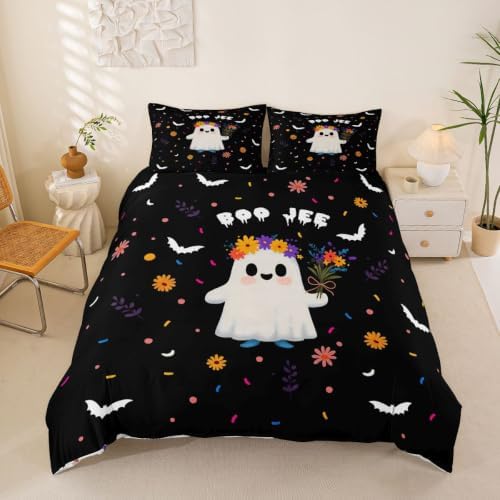 Erosebridal Spooky Ghost Duvet Cover Full Size Cute Flower Bedding Set for Kids Boys Girls Cartoon Bats Comforter Cover Kawaii Halloween Artwork Bedclothes Room Decor