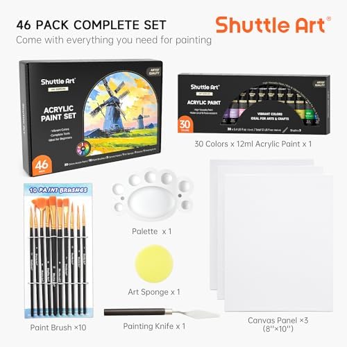 Shuttle Art 46 Pack Acrylic Paint Set, 30 Colors Acrylic Paint with 10 Brushes 3 Canvas 1 Knife Palette Sponge, Complete Painting Set for Kids, Adults, Beginners, Painting Wood, Ceramic