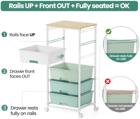 6 Drawer Rolling Storage Cart with Wooden Top and Wheels for Crafts,Green