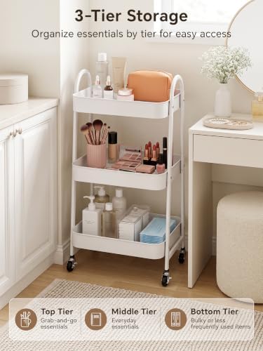 Booklov Rolling Makeup Cart Organizer, 3 Tier Utility Storage Cart, White