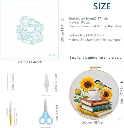 Zhenqing 4-Piece Floral Embroidery Kit for Beginners, Books Hot Air Balloon Wildflower Gramophone Needlework Set with Pre-Printed Fabric, Hoop & Threads (C0159)