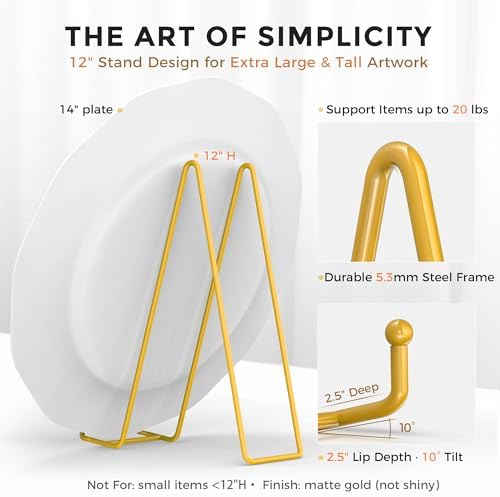 TR-LIFE 12 Inch Large Plate Stands/holder for Display - Metal Picture Frame Holder Stand + Small Easels for Platter, Book, Plaques, Photo, Tabletop Art (Gold 2 Pack)