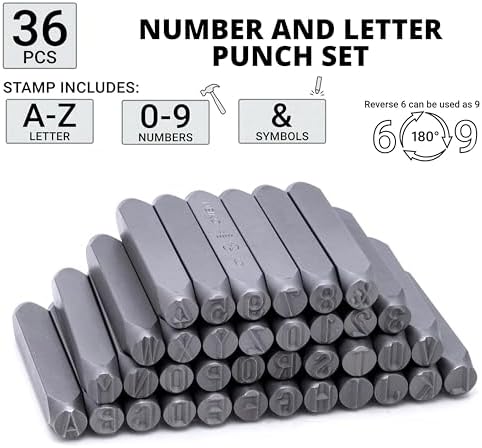 NEIKO 02625A Number and Letter Punch Set with Heat-Treated Steel Punches, Imprinting & Arts and Crafts, 5/16" (8MM) Shaft, 36 Pc Stamp Set, Uppercase Letter & Number Punch Set (A-Z / 0-8 / "&" Symbol)