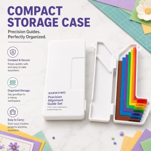 7-Piece Paper Crafting Alignment Guide Set - Precision Layering & Matting Spacers for Card Making & Scrapbooking, Color-Coded with Size Tabs (1/16"–1/2"), Includes Storage Case