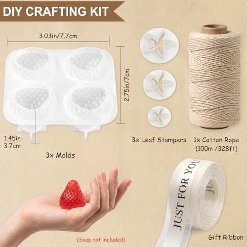 Silicone Strawberry Soap Mold Kit for DIY Soap Making, with Cotton Rope, Bow Ribbons, Leaf Stamper, Reusable Soap Making Supplies for Crafts, Gifts & Beginners