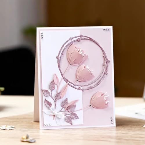 Scrapbooking Die-Cuts, Layer Frame Net Set Metal Cutting Dies for Card Making, Paper Craft Template, Background Embossing Stencils, DIY Album Décor (Tulip Wreath-11x10.4 cm)
