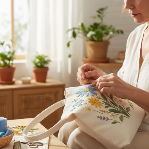 ARTopet Embroidery Tote Bag Kit for Beginners Flower Canvas Cross Stitch Handbag with Hoops Needles Threads Reusable Grocery Bag for Women-Bird