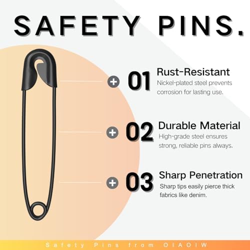 350Pack Black Safety Pins for Clothes 5 Assorted Sizes Strong Heavy Duty